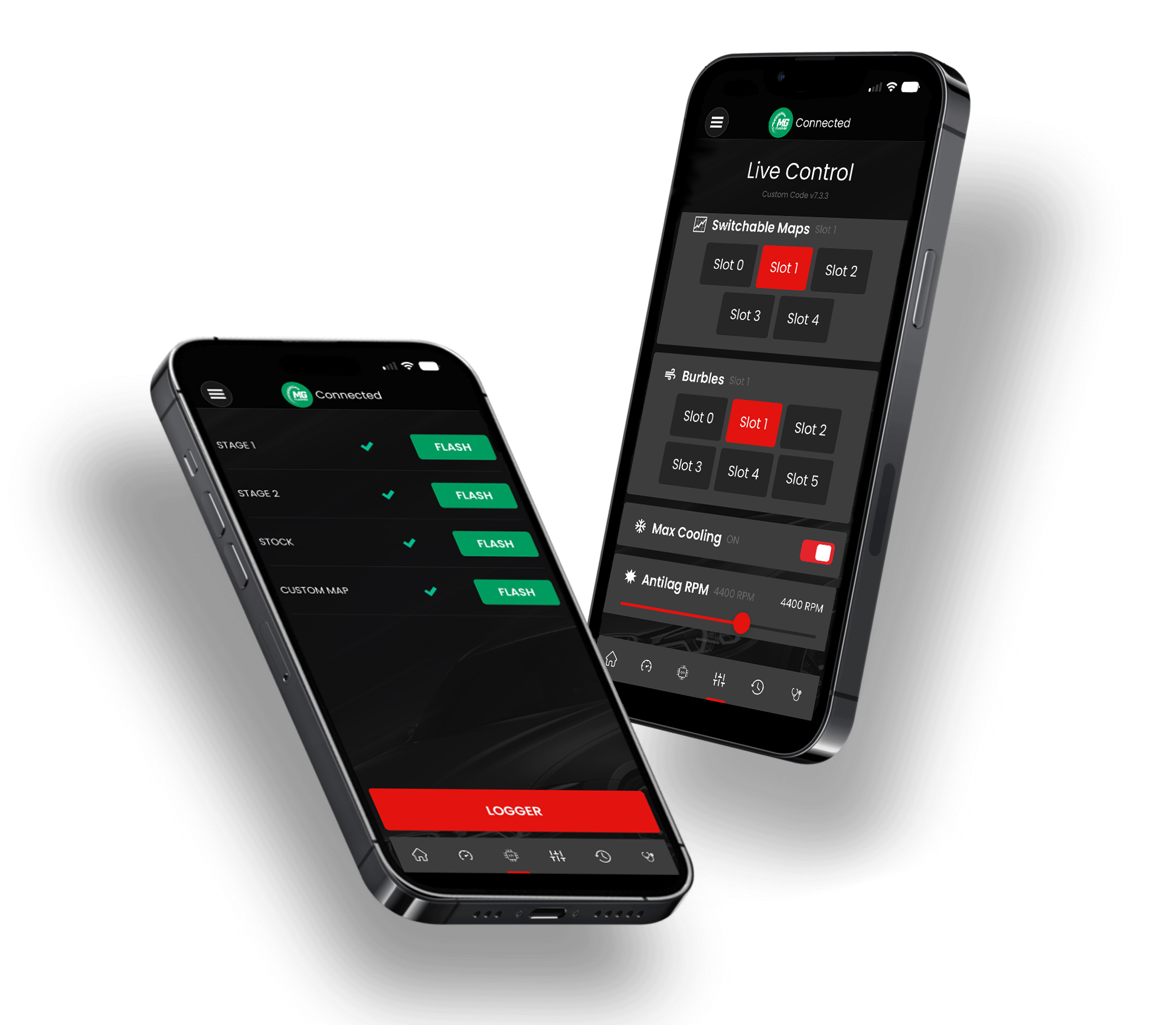 MG Flasher app showing OTS maps, live controls, diagnostics, custom code, and vehicle management features